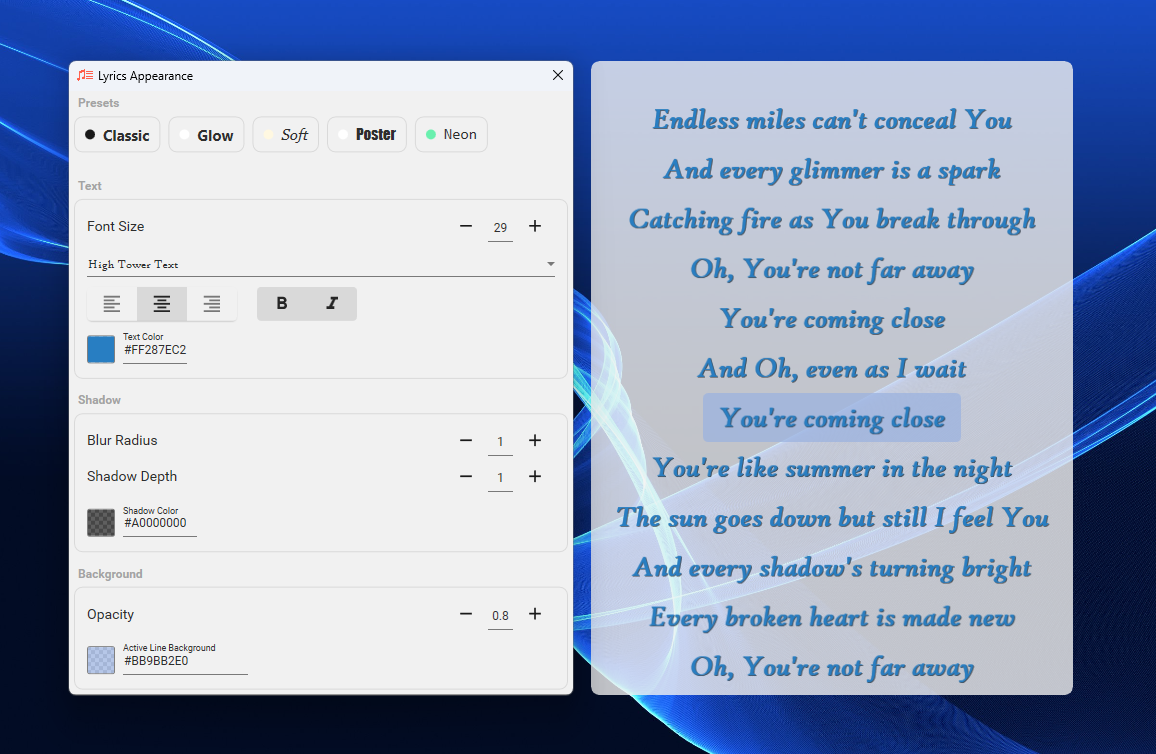 Lyrics appearance window with Classic, Glow, Soft, Poster, and Neon presets beside a styled lyrics preview