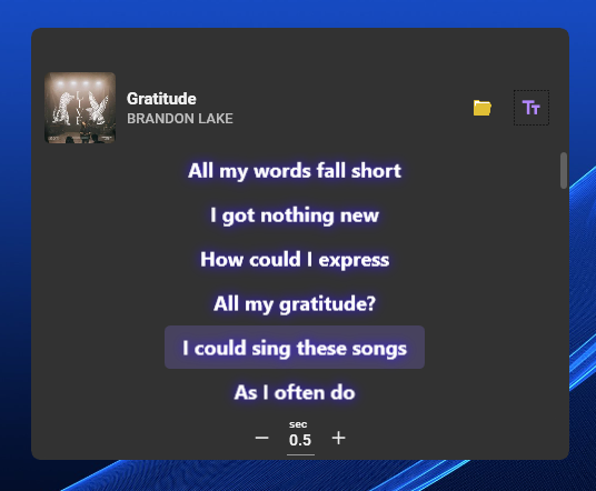 Lyrixound lyrics window in the dark theme, with Gratitude by Brandon Lake