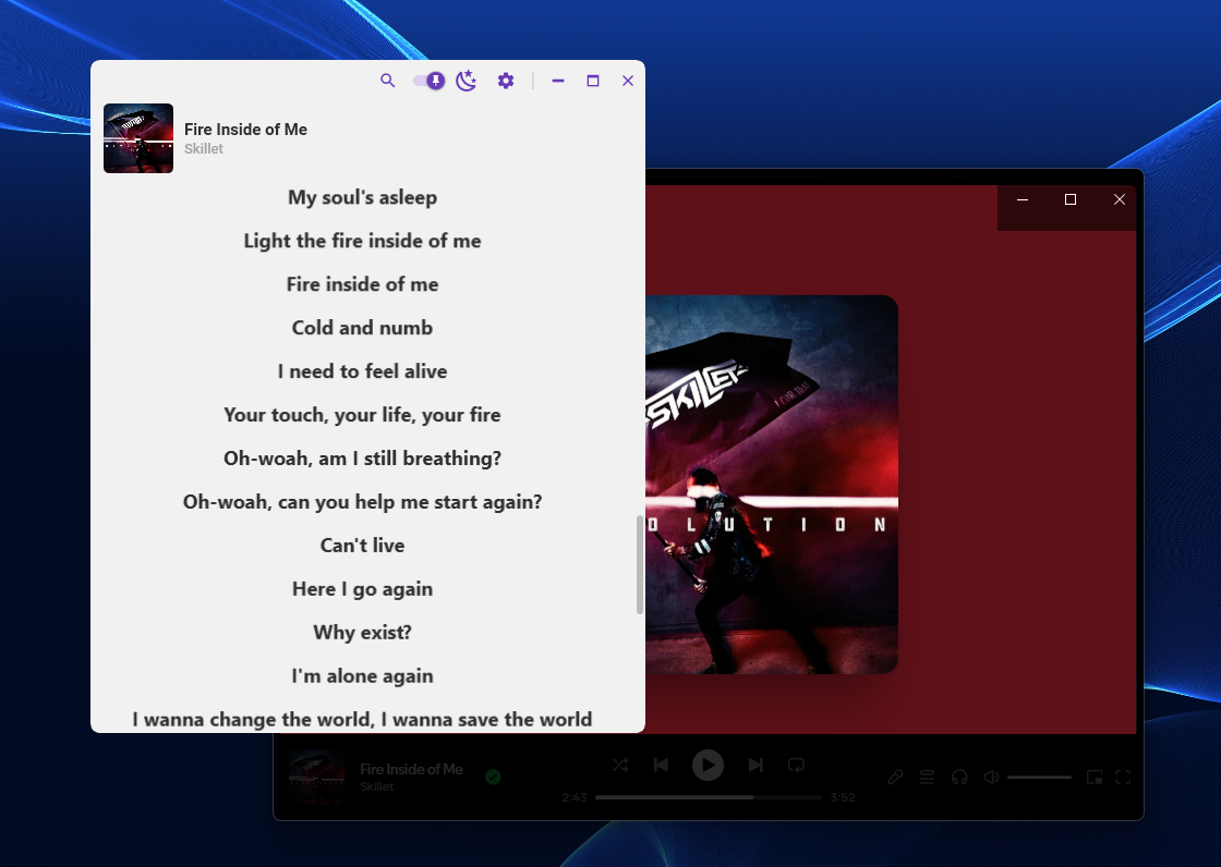 Lyrixound main window showing synced lyrics beside the Spotify desktop app