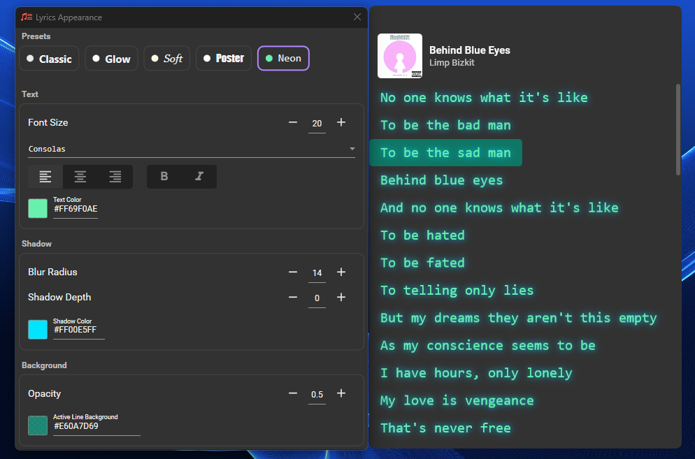 Neon preset: mint lyrics with a cyan glow, and the current line highlighted in green