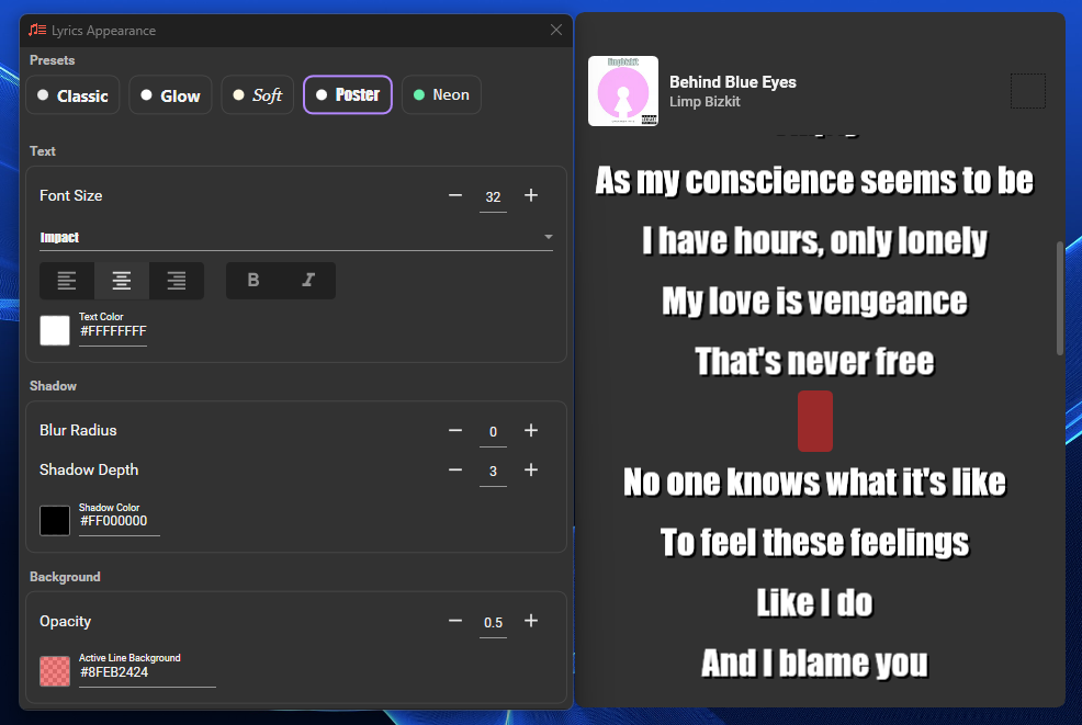 Lyrics Appearance with the Poster preset selected, large Impact lyrics and a red active line