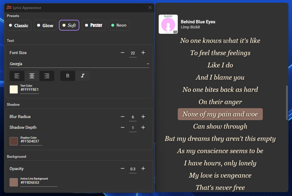 Lyrics Appearance with the Soft preset selected, Georgia italic lyrics beside the live preview