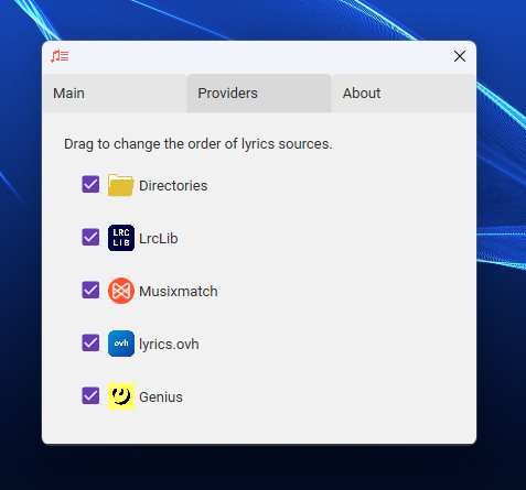 Providers settings listing Directories, LrcLib, Musixmatch, lyrics.ovh, and Genius