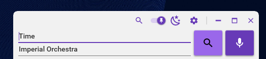 Search fields for the title Time and the artist Imperial Orchestra, with a search button and a microphone button for audio recognition