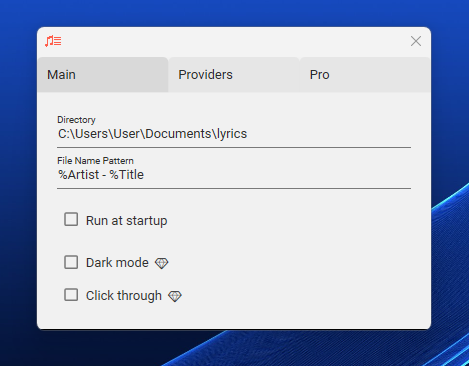 Lyrixound Settings on the Main tab, with the lyrics folder, file name pattern, Run at startup, Dark mode, and Click through