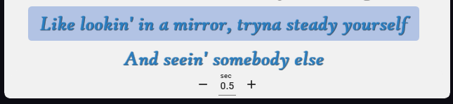Highlighted synced lyrics line with minus and plus buttons and a 0.5 second offset below