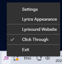 Dark tray menu with Click Through checked