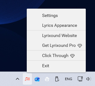 Tray menu with Settings, Lyrics Appearance, Lyrixound Website, Get Lyrixound Pro, Click Through, and Exit