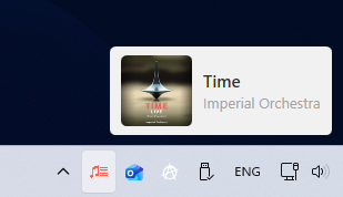 Tray tooltip showing the album cover, the title Time, and the artist Imperial Orchestra
