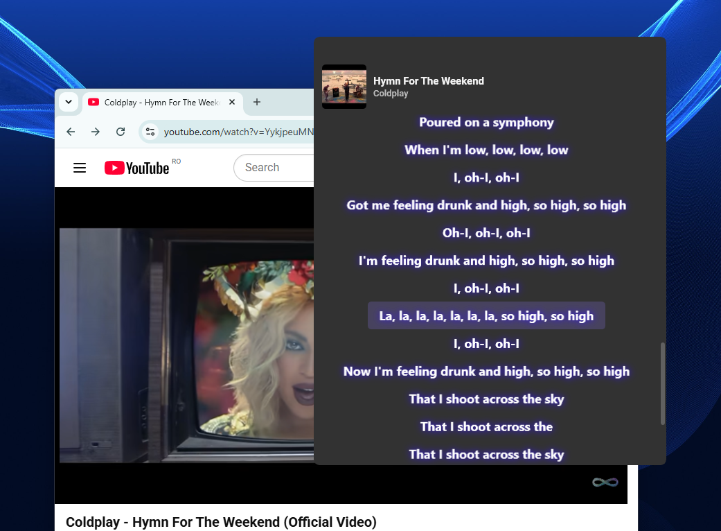 Lyrixound lyrics overlay beside a YouTube video of Coldplay in the browser